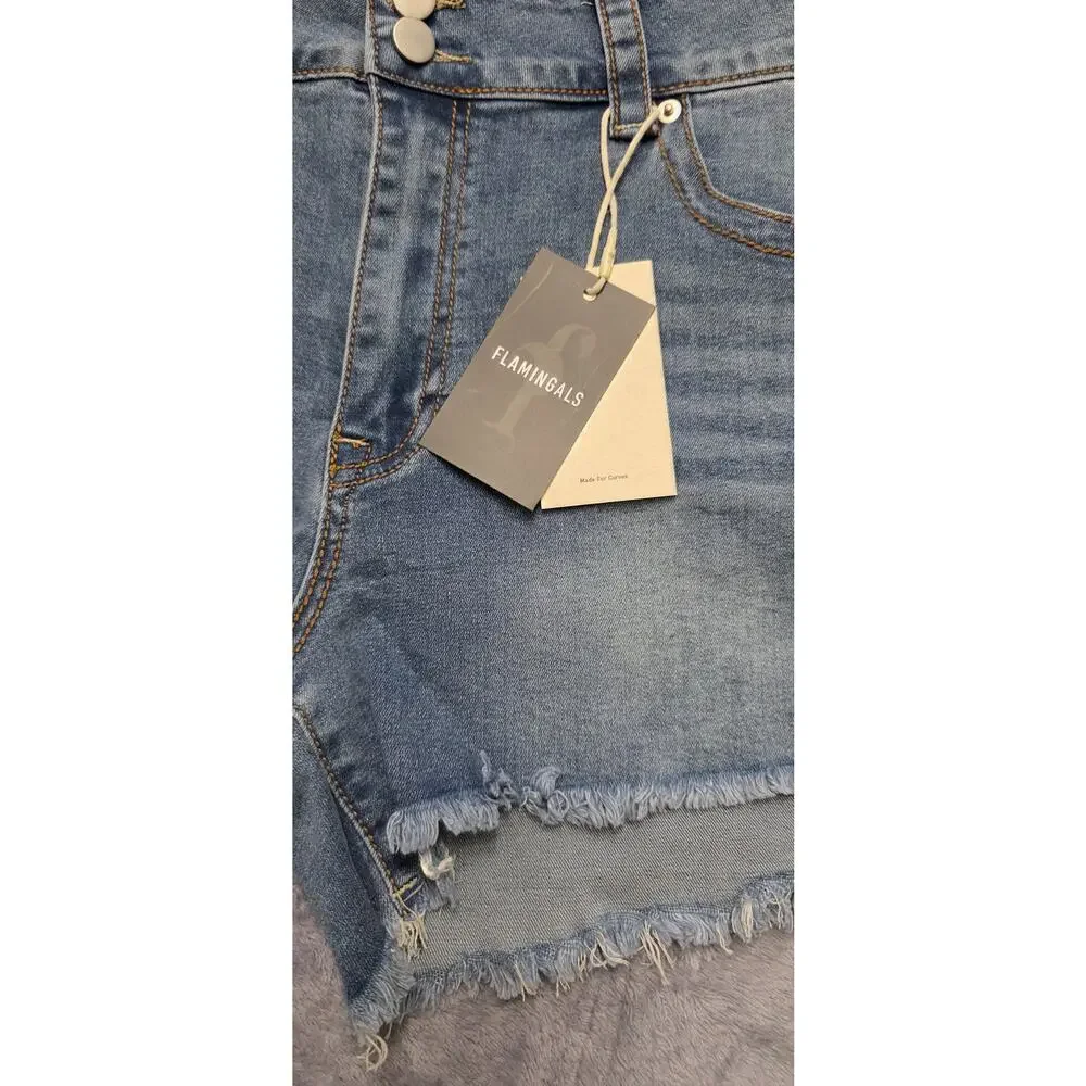 Flamingals Women’s Denim Shorts 2XL Blue Raw Hem Stretch NWT - Picture 4 of 4